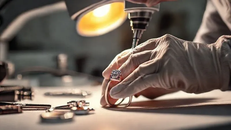 A jeweler's hands, wearing protective gloves, meticulously working on a platinum diamond ring under a bright light. A laser welding machine's arm is visible in the background, with precise tools and magnifying equipment on a clean workbench. The focus is on the intricate detail of the repair process. Photorealistic, professional photography, 8K, cinematic lighting, sharp focus on the hands and ring, depth of field blurring the background, shot on a high-end DSLR.