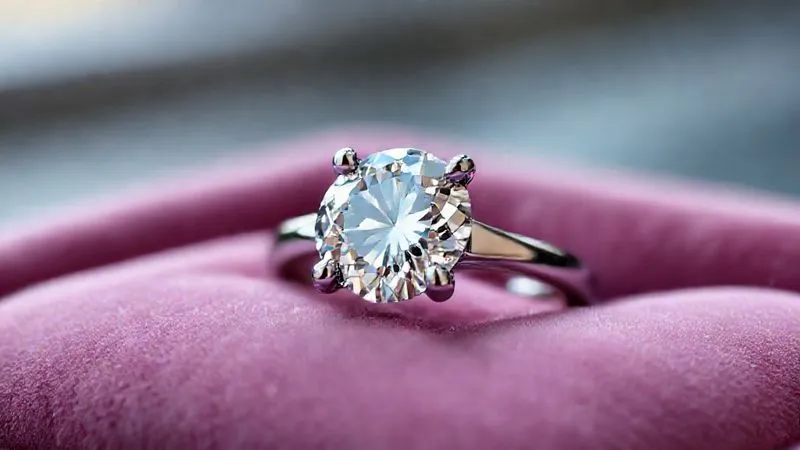 A perfectly restored, sparkling high-value diamond ring, securely set with newly polished platinum prongs, resting on a luxurious velvet cushion. The diamond catches the light beautifully, radiating brilliance and stability. The image evokes a sense of relief, security, and renewed beauty. Photorealistic, professional photography, 8K, cinematic lighting, sharp focus on the ring, depth of field blurring the background, shot on a high-end DSLR.