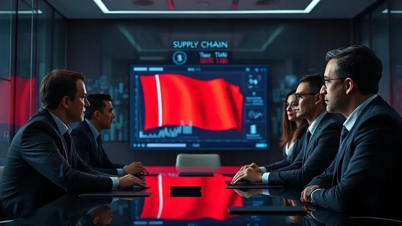 A photorealistic image of a luxury brand executive team in a dimly lit, modern boardroom, looking intently at a large, transparent digital display showing complex supply chain data and a highlighted red flag. Cinematic lighting, sharp focus on the faces and screen, depth of field, 8K, shot on a high-end DSLR, conveying urgency and serious investigation.