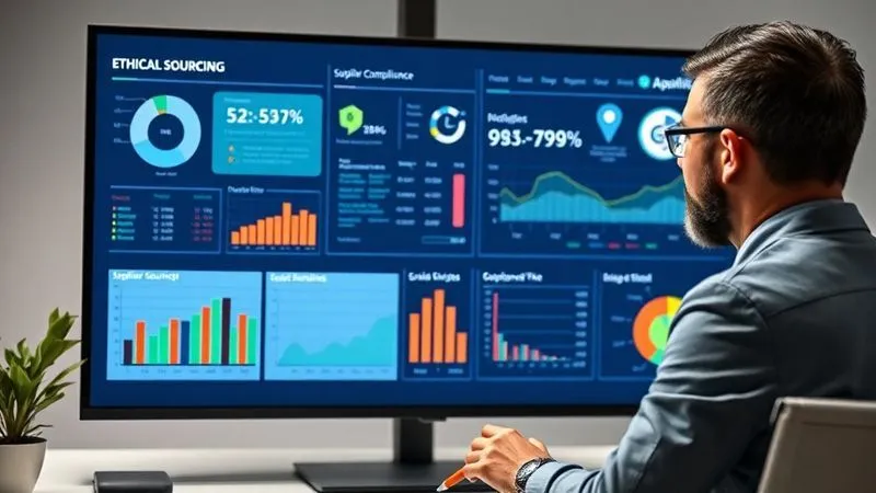 A photorealistic image of a sophisticated data dashboard on a large monitor, displaying various ethical sourcing KPIs (e.g., "Supplier Compliance Rate: 92%," "Grievance Resolution Time: -20%"). A skilled professional is analyzing the data, making annotations. The setting is a clean, modern office. Professional photography, 8K, cinematic lighting, sharp focus on the dashboard, depth of field, shot on a high-end DSLR, conveying meticulous measurement and continuous improvement.