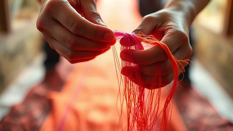 A photorealistic image of a single, vibrant rare silk thread being carefully rewoven into a luxurious fabric by skilled, gentle hands. The background is softly blurred, showing a path leading towards a bright, hopeful horizon. Professional photography, 8K, cinematic lighting, sharp focus on the hands and silk, depth of field, shot on a high-end DSLR, symbolizing repair, hope, and a renewed commitment to ethical craftsmanship.