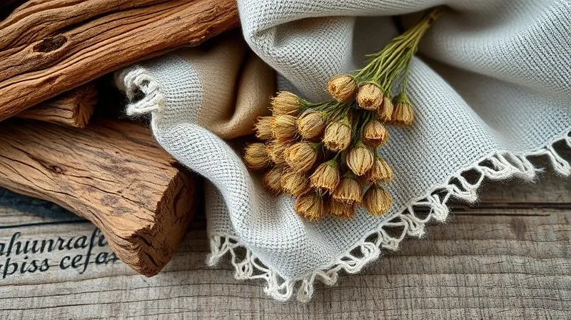 A close-up of various natural textures: rough-hewn wood, soft linen fabric, dried wildflowers, and a delicate sprig of greenery, arranged artfully on a weathered wooden surface. Photorealistic, professional photography, 8K, cinematic lighting, sharp focus, depth of field, shot on a high-end DSLR.