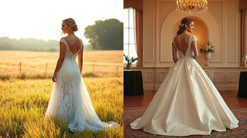A professional side-by-side comparison shot. On the left, a bride in a simple, flowing A-line rustic wedding gown made of natural lace, standing in a sun-drenched field. On the right, a bride in a very structured, traditional satin ballgown in a formal ballroom setting. Both are photorealistic, professional photography, 8K, cinematic lighting, sharp focus, depth of field, shot on a high-end DSLR, highlighting the contrast in style and setting.