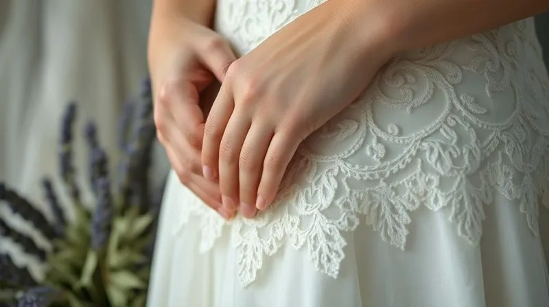 A close-up, photorealistic, professional photography, 8K, cinematic lighting, sharp focus, depth of field, shot on a high-end DSLR of a bride's hands gently touching a delicate, naturally embroidered lace detail on a rustic wedding gown. In the background, subtly blurred, are natural elements like dried lavender and soft foliage.