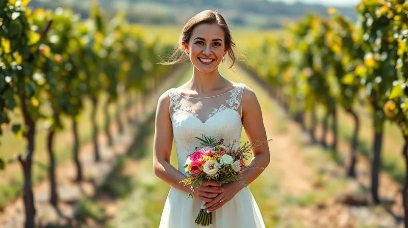 A photorealistic, professional photography, 8K, cinematic lighting, sharp focus, depth of field, shot on a high-end DSLR of a happy bride (Sarah) in a simple, elegant A-line gown with subtle floral appliqués, standing confidently in a sun-drenched vineyard. She is smiling genuinely, holding a bouquet of wild-looking flowers, embodying natural beauty and comfort.