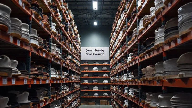 A photorealistic, top-down view of neatly organized shelves in a warehouse, with a single section of shelves clearly marked 'Seasonal Hats - Slow Moving' and a spotlight shining on it, indicating specific inventory under scrutiny. The hats are still pristine but clearly out of season. 8K, cinematic lighting, sharp focus, depth of field, shot on a high-end DSLR.