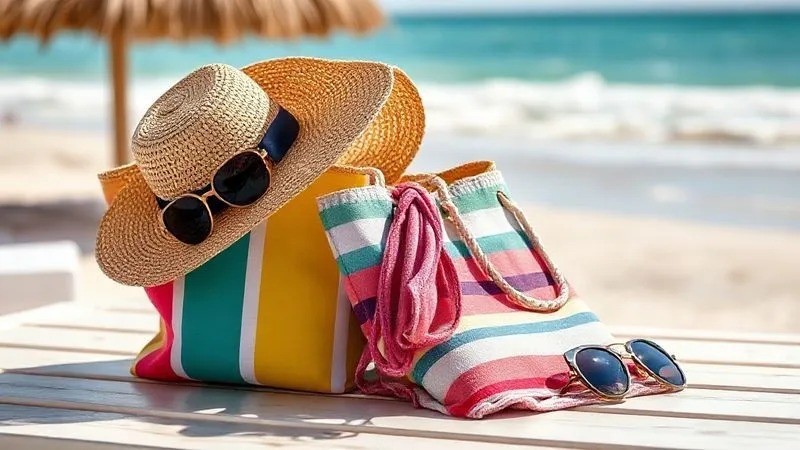 A photorealistic, professional photography, 8K, cinematic lighting, sharp focus on a beautifully arranged 'Summer Escape Bundle' featuring a stylish straw sun hat, a colorful beach tote, and a pair of sunglasses, all artfully displayed on a light wooden table with a blurred beach background, depth of field, shot on a high-end DSLR.