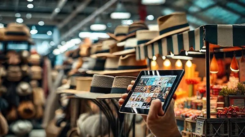 A photorealistic, professional photography, 8K, cinematic lighting, sharp focus on a diverse array of hats displayed across different, distinct retail environments: a small, charming boutique rack, a bustling online marketplace interface on a tablet, and a vibrant pop-up stall at a local market, symbolizing channel diversification. Depth of field, shot on a high-end DSLR.