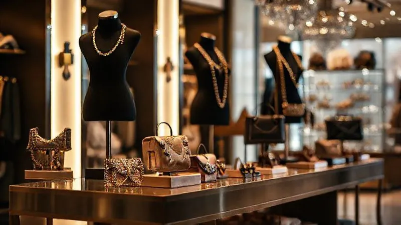 A photorealistic, professional photography shot of a meticulously arranged boutique display featuring diverse statement accessories styled on elegant mannequins and pedestals, bathed in warm, inviting cinematic lighting. Sharp focus on the accessories, depth of field blurring the background, conveying an inviting and luxurious retail experience. 8K.
