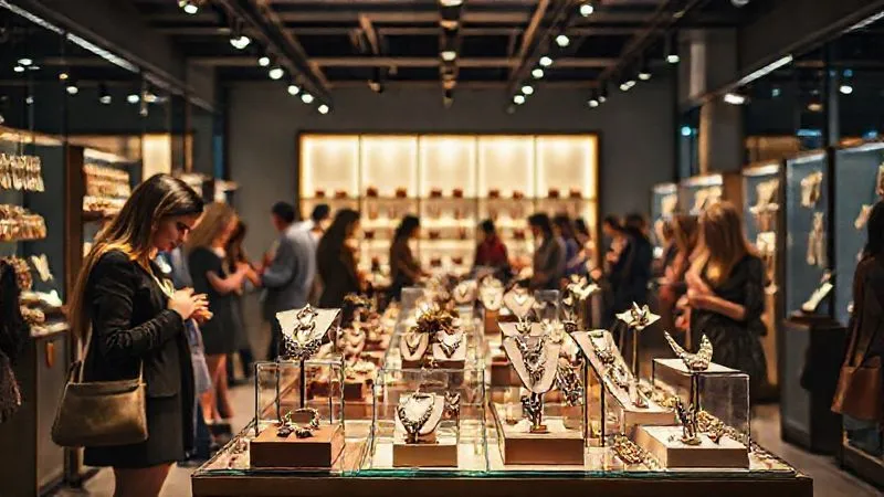 A photorealistic, professional photography shot of a vibrant, temporary pop-up shop display for statement accessories. The space is brightly lit, showcasing unique jewelry on elegant stands, with diverse customers interacting and trying on pieces. Cinematic lighting, sharp focus on the accessories and customer engagement, depth of field blurring the background. 8K.