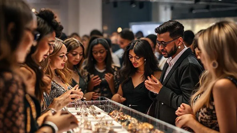 A photorealistic, professional photography shot of a stylish, diverse group of people gathered at an exclusive fashion event, admiring unique statement accessories on display. There's a palpable sense of community and excitement, cinematic lighting, sharp focus on the interactions and accessories, depth of field blurring the background. 8K.