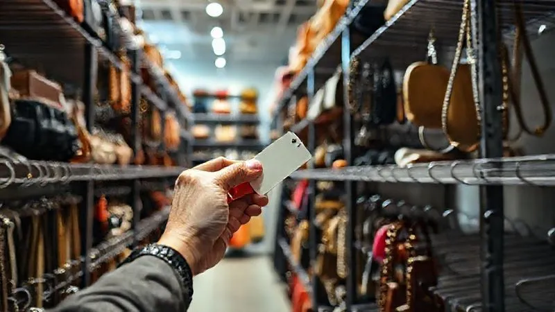 A photorealistic, professional photography shot of a meticulously organized and beautifully lit boutique stockroom, with racks of statement accessories neatly arranged, conveying efficiency, control, and future potential. A human hand is seen confidently placing a tag on a re-merchandised item. 8K, cinematic lighting, sharp focus on the organized inventory, depth of field blurring the background, symbolizing a problem solved and a clear path forward.