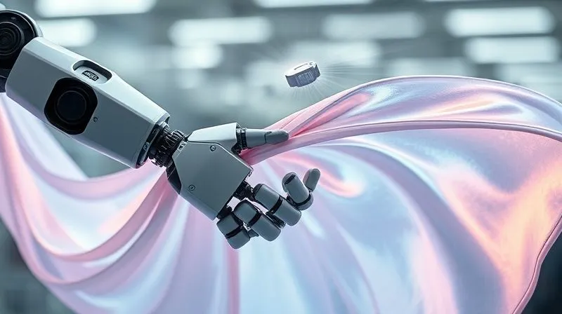 A photorealistic professional photography image of a robotic arm, equipped with advanced tactile sensors on its gripper, gently manipulating a sheet of flowing, iridescent fabric. Above the fabric, a sophisticated hyperspectral camera array is visible, emitting subtle light beams. The background is a blurred, high-tech textile lab, 8K, cinematic lighting, sharp focus on the robot and fabric, depth of field, shot on a high-end DSLR.