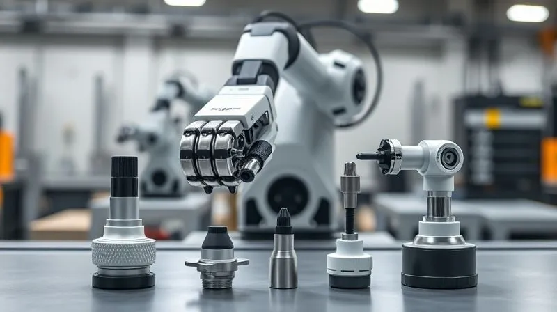 A photorealistic professional photography image showcasing a modular robotic arm. In the foreground, various interchangeable end-effectors are neatly arranged on a workbench: a soft gripper, a needle gripper, and a suction gripper. The robotic arm in the background is precisely swapping one end-effector for another, demonstrating ease of change. The scene is clean, industrial, with cinematic lighting, 8K, sharp focus, depth of field, shot on a high-end DSLR.