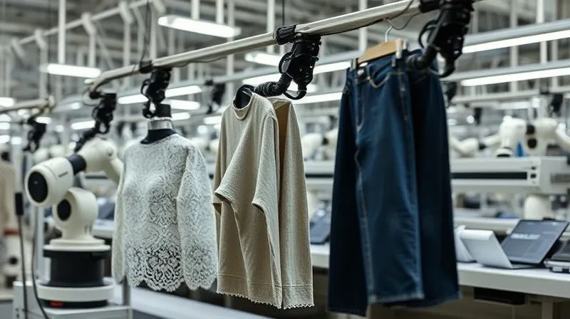 A photorealistic professional photography image depicting a modern textile factory floor, clean and well-lit. Robotic arms are efficiently working on various fabric types side-by-side – one handling delicate lace, another robust denim, and a third a technical performance fabric. The overall scene conveys efficiency, innovation, and seamless adaptation. 8K, cinematic lighting, sharp focus, depth of field, shot on a high-end DSLR.