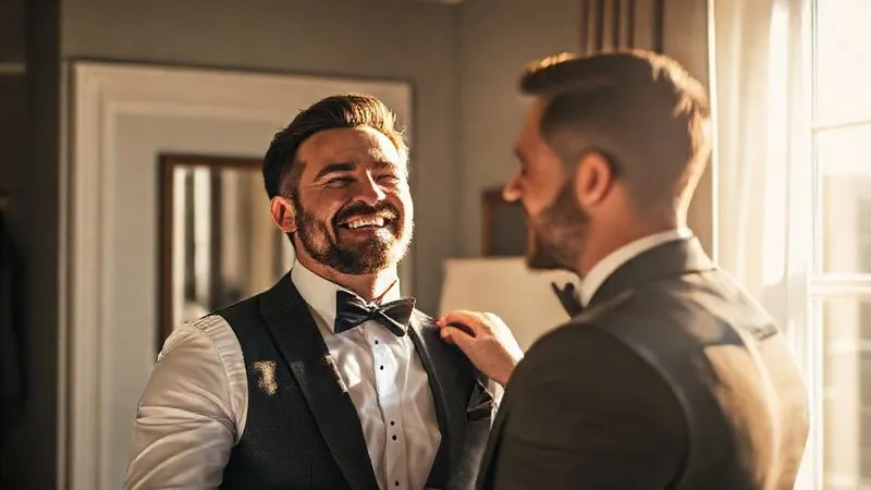 A groom and his partner laughing happily during an early, relaxed suit fitting, tailor measuring with a smile in the background, sunlight streaming through a window. Professional photography, 8K, cinematic lighting, sharp focus, depth of field, shot on a high-end DSLR.