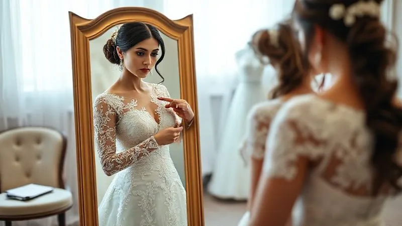 photorealistic, professional photography, 8K, cinematic lighting, sharp focus, depth of field, shot on a high-end DSLR, a bride standing in front of a full-length mirror, looking critically at her traditional wedding gown, pointing to a specific area of concern on the bodice, her expression is serious but focused, a notepad and pen are visible on a nearby chair, the setting is a brightly lit fitting room.