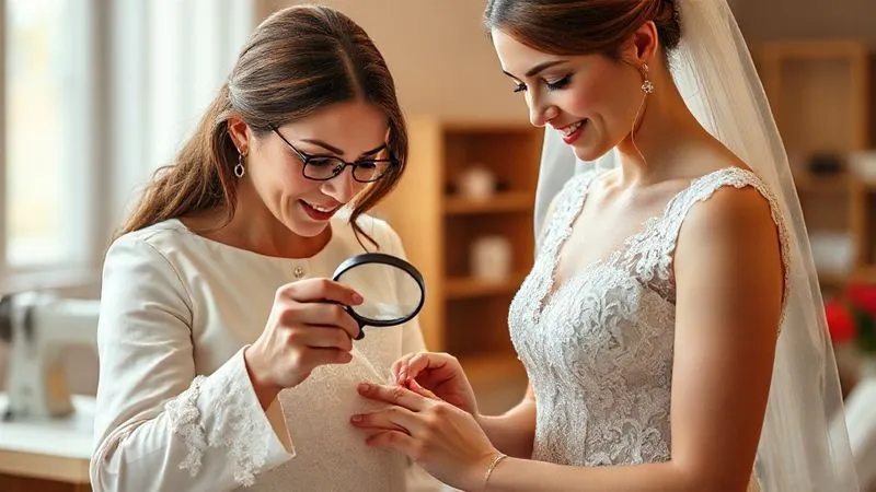 photorealistic, professional photography, 8K, cinematic lighting, sharp focus, depth of field, shot on a high-end DSLR, a skilled female seamstress with a magnifying glass examining intricate lace on a traditional wedding gown, her hands are carefully pinning fabric, the bride is standing beside her with a hopeful expression, soft light illuminates their faces, a professional sewing machine is blurred in the background.