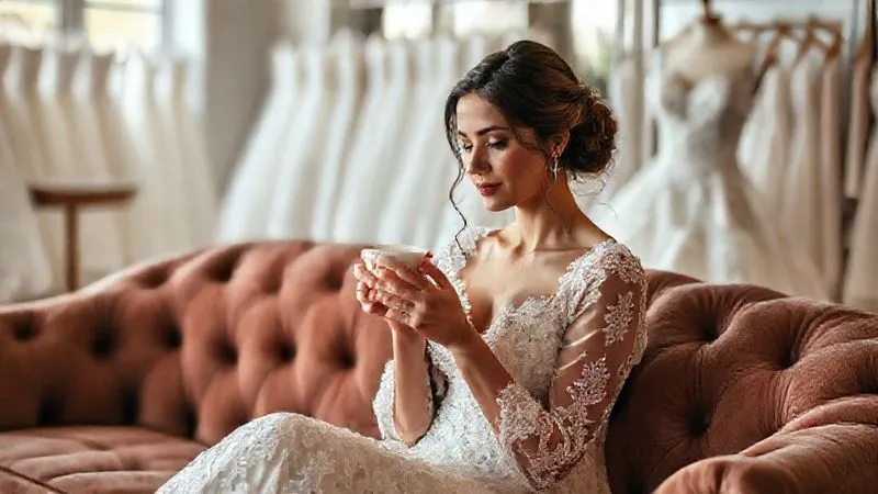 photorealistic, professional photography, 8K, cinematic lighting, sharp focus, depth of field, shot on a high-end DSLR, a bride-to-be sitting on a plush sofa in a bridal boutique, she is holding a delicate teacup, looking thoughtfully at her traditional wedding gown on a mannequin in the background, her expression is calm and reflective, conveying a sense of resolved stress, soft natural light, elegant and comforting atmosphere.