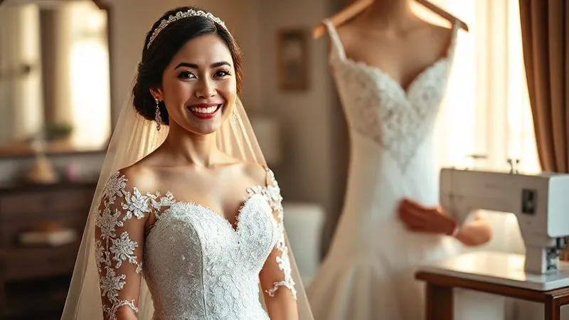 photorealistic, professional photography, 8K, cinematic lighting, sharp focus, depth of field, shot on a high-end DSLR, a bride smiling confidently in her perfectly fitted traditional wedding gown, a skilled seamstress is making a final, delicate adjustment to the hem, the scene is bathed in warm, inviting light, reflecting a sense of accomplishment and relief, a happy and successful fitting moment.