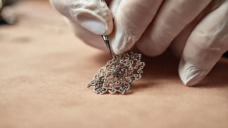 A close-up, photorealistic image of a jeweler's hands, wearing white cotton gloves, delicately using fine-tipped tools to stabilize a tiny, intricate part of an antique silver filigree brooch on a velvet mat. Soft, warm cinematic lighting, sharp focus on the hands and brooch, depth of field blurring the background. Professional photography, 8K, shot on a high-end DSLR.