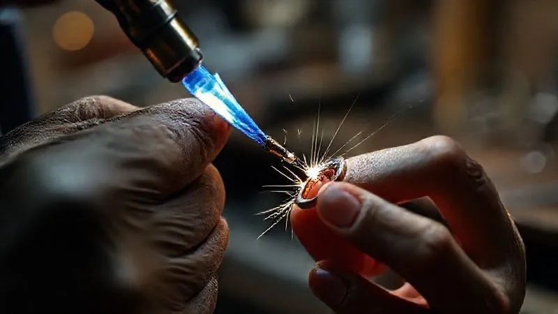 A close-up, photorealistic image of a master jeweler, with focused intensity, using a small, precise torch to fuse a tiny, custom-fabricated metal component onto a delicate vintage ring. Sparks are subtly visible, cinematic lighting highlights the intricate work, sharp focus on the hands and jewelry, depth of field blurring the background workshop. Professional photography, 8K, shot on a high-end DSLR.