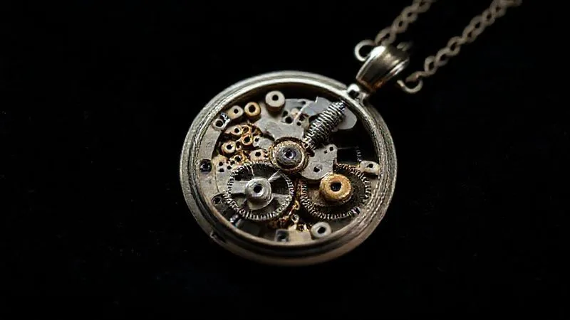 A photorealistic, professional photography shot of a deconstructed vintage pocket watch movement, its tiny gears and springs artfully arranged on a black velvet background, with some elements subtly integrated into a new, minimalist pendant design. Cinematic lighting, sharp focus on the intricate details, depth of field blurring the background. 8K hyper-detailed, shot on a high-end DSLR.