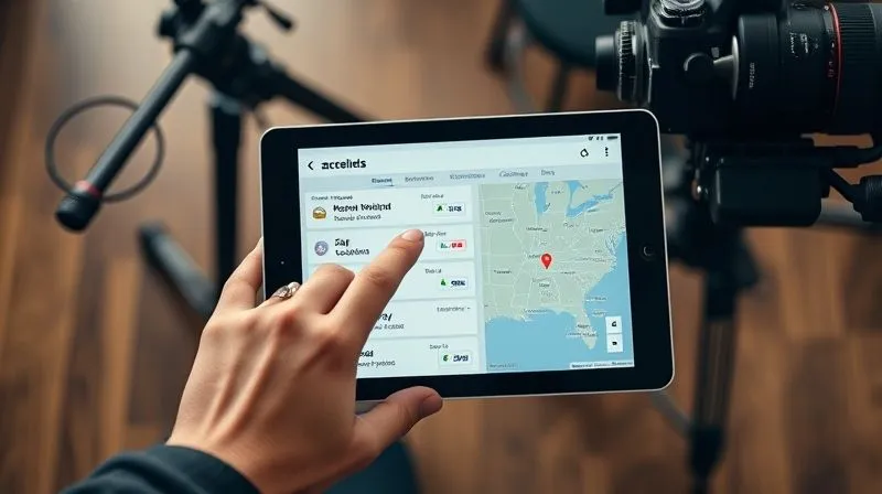 A photorealistic, overhead shot of a photographer's hand quickly scrolling through a tablet displaying various location options, with a map showing proximity to the original cancelled location. The background is slightly blurred with other production equipment, indicating urgency. Cinematic lighting, sharp focus on the tablet and hand, depth of field, 8K, shot on a high-end DSLR.