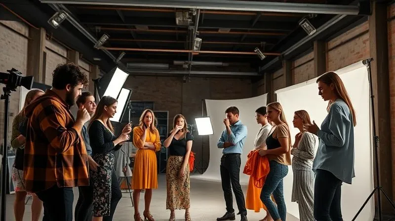 A photorealistic image of a diverse fashion photography team, looking engaged and resourceful, transforming a seemingly ordinary industrial loft space into a vibrant, high-fashion set. They are adjusting lighting, arranging props, and draping fabrics, demonstrating creative problem-solving. Cinematic lighting, sharp focus on the team's collaborative effort, depth of field, 8K, shot on a high-end DSLR.