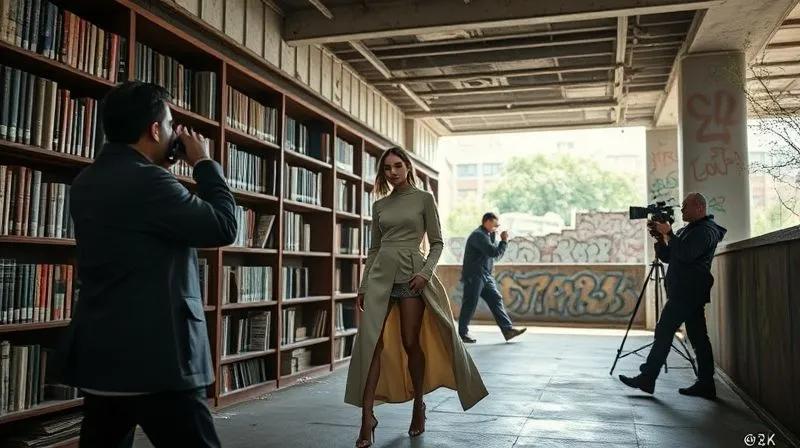 A photorealistic, avant-garde fashion shoot in progress within an unexpected location, perhaps an abandoned library or a vibrant, graffiti-laden underpass. A model in high fashion attire interacts with the unique environment, while a photographer captures the scene with dramatic, creative lighting. The image conveys improvisation and artistic success. Cinematic lighting, sharp focus on the model and environment, depth of field, 8K, shot on a high-end DSLR.