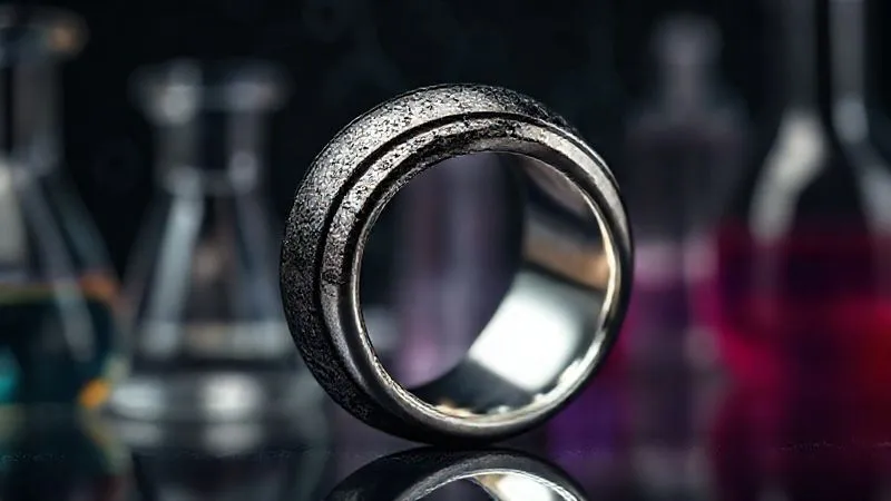 A close-up, photorealistic, professional photography shot of a custom sterling silver ring, half of it covered in a dark, noticeable tarnish, while the other half gleams brightly. In the background, blurred, are scientific beakers and a subtle chemical formula overlay, symbolizing the unseen reactions. Cinematic lighting highlights the contrast between the tarnished and clean metal, with sharp focus on the ring's intricate details. 8K hyper-detailed.
