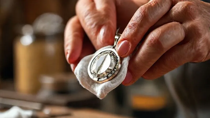 A close-up, photorealistic, professional photography shot of a pair of hands gently cleaning a custom-designed sterling silver pendant with a soft, white polishing cloth. The pendant is partially gleaming, partially showing faint tarnish. The background is a blurred, warm-toned workshop setting with soft, natural light, emphasizing care and precision. Sharp focus on the hands and the jewelry, depth of field creating a soft ambiance. 8K hyper-detailed.