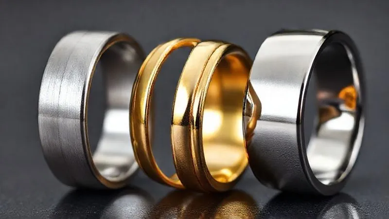 A side-by-side, photorealistic, professional photography comparison of three custom-designed rings: one gleaming sterling silver showing slight tarnish, one 14K gold ring with a subtle dullness, and one brilliant platinum ring reflecting light perfectly. Each ring is sharply focused, with depth of field separating them slightly. Cinematic lighting emphasizes the distinct characteristics and tarnish levels of each metal. 8K hyper-detailed, showcasing the craftsmanship.