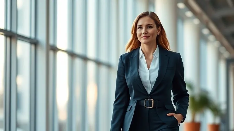 A confident professional woman in a modern, well-fitted suit, with a subtle smile, walking purposefully in a contemporary office setting, soft cinematic lighting from a large window, sharp focus on her, depth of field blurring the background, 8K hyper-detailed, shot on a high-end DSLR.