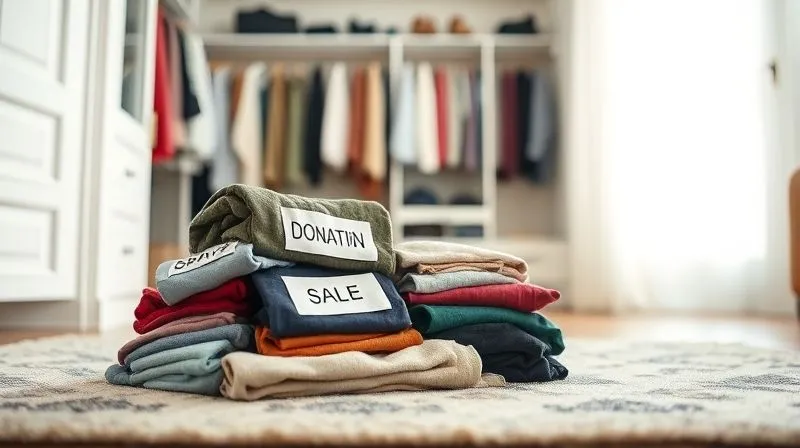 A neatly organized closet with a distinct pile of clothes designated for donation or sale on a stylish rug in the foreground, brightly lit by natural window light, sharp focus on the clothes and labels, depth of field blurring the background, 8K hyper-detailed, shot on a high-end DSLR.
