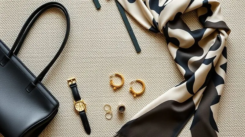 A flat lay of sophisticated modern professional accessories: a sleek black leather structured handbag, a minimalist gold watch, delicate gold hoop earrings, and a silk scarf with a contemporary abstract pattern, arranged on a neutral textile background, cinematic lighting, sharp focus on the textures and details, depth of field subtly blurring edges, 8K hyper-detailed, shot on a high-end DSLR.