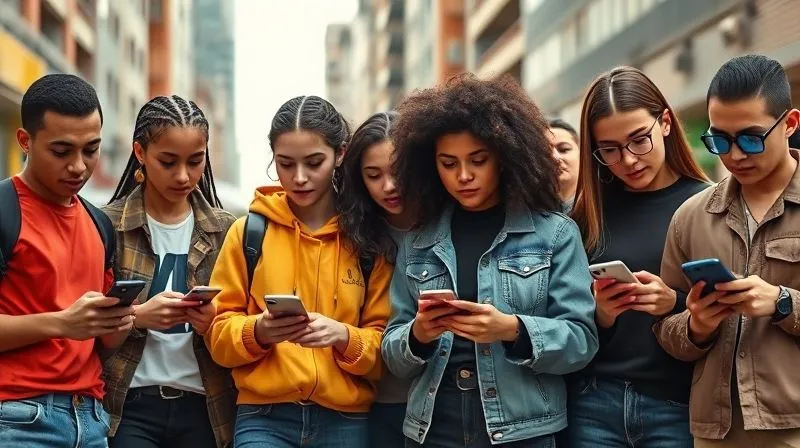 A photorealistic image showing a diverse group of young, fashion-conscious individuals in various streetwear styles, each interacting with their phones or discussing trends, set against a vibrant, urban backdrop. Cinematic lighting, sharp focus on their expressions of engagement, 8K hyper-detailed.