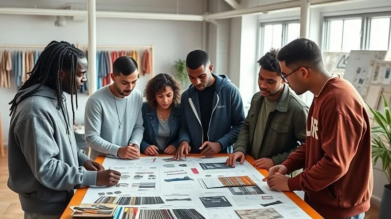 A photorealistic image of a diverse group of streetwear designers and influencers collaborating on a mood board, surrounded by fabric swatches and design sketches in a modern, well-lit studio. Cinematic lighting, sharp focus on their engaged faces and the creative process, 8K hyper-detailed.