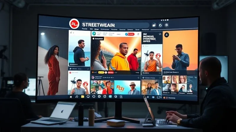 A photorealistic, professional photography, 8K, cinematic lighting, sharp focus, depth of field, shot on a high-end DSLR. A dynamic and vibrant social media feed displayed on a large, high-resolution monitor, showcasing a streetwear brand's successful comeback campaign. The feed features diverse user-generated content, engaging behind-the-scenes videos, impactful influencer collaborations, and clear, positive brand messaging. The screen is slightly curved, reflecting ambient studio lighting, with a blurred background of creative designers at work.