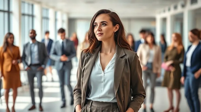 photorealistic, professional photography, 8K, cinematic lighting, sharp focus, depth of field, shot on a high-end DSLR. A woman in a stylish, well-fitting casual chic outfit, thoughtfully observing her colleagues in a modern, open-plan hybrid office. Her expression is analytical, reflecting the process of assessing company culture and dress code nuances. The background shows diverse office attire among other employees, from tailored separates to elevated knitwear, all in a harmonious, professional setting. The lighting is bright and natural, emphasizing clarity and observation.