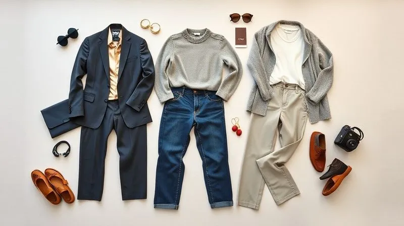 photorealistic, professional photography, 8K, cinematic lighting, sharp focus, depth of field, shot on a high-end DSLR. A stylish flat lay of three distinct casual chic professional office hybrid outfits, each complete with corresponding shoes and accessories. One outfit is client-ready (blazer, silk top, tailored trousers), one for creative collaboration (elevated denim, knit sweater, loafers), and one for a productive work-from-home day (comfortable tailored pants, quality tee, soft cardigan). The arrangement is aesthetically pleasing, showcasing the versatility and mix-and-match potential of a capsule wardrobe against a clean, modern background. The lighting is bright and even, highlighting textures and colors.