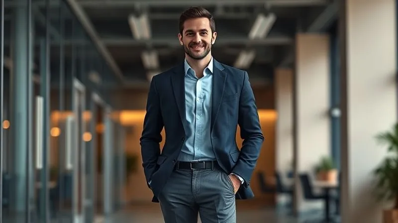 A photorealistic, professional photography, 8K, cinematic lighting, sharp focus, depth of field shot of a confident man in a perfectly tailored navy wool blazer, a light blue dress shirt, and charcoal grey chinos, standing in a modern office environment. He is smiling subtly, exuding competence and approachability. Soft natural light highlights the fabric textures.