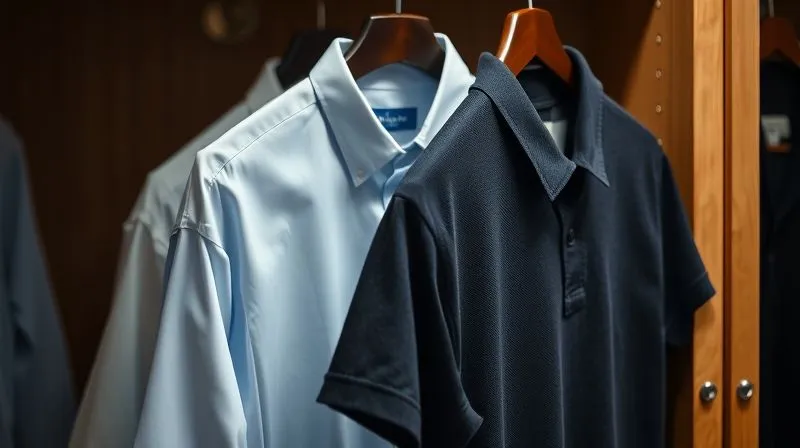 A photorealistic, professional photography, 8K, cinematic lighting, sharp focus, depth of field shot showcasing a men's wardrobe collection: a crisp white dress shirt, a light blue Oxford cloth button-down shirt, and a dark navy fine-knit polo shirt, neatly folded or hung. The background is a minimalist, stylish closet or boutique setting, emphasizing quality and versatility.