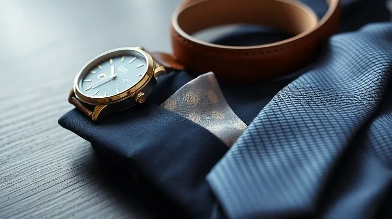 A photorealistic, professional photography, 8K, cinematic lighting, sharp focus, depth of field shot of a sophisticated collection of men's accessories: a classic leather-strap watch, a polished brown leather belt, a subtly patterned silk pocket square peeking from a navy blazer pocket, and a textured knit tie neatly folded. The items are arranged on a dark wooden surface, conveying luxury and attention to detail.