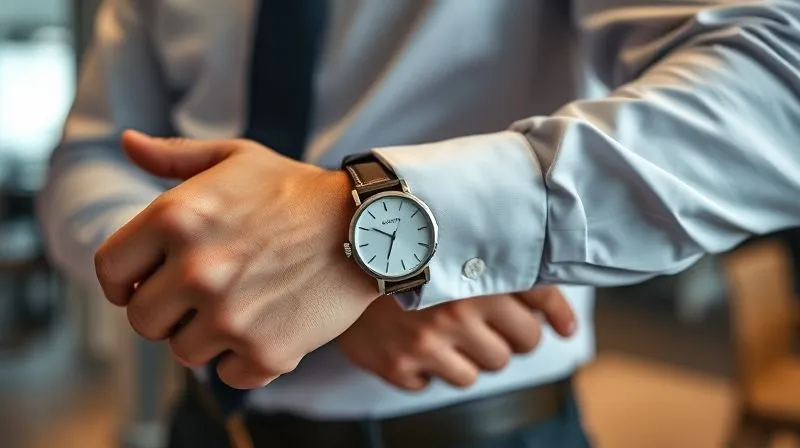 A photorealistic, professional photography, 8K, cinematic lighting, sharp focus, depth of field shot of a man's hands, impeccably groomed, with neatly trimmed nails, adjusting the cuff of a crisp dress shirt and a quality watch. The focus is on the hands and subtle details, conveying meticulous self-care and professionalism. The background is a soft, blurred office interior.