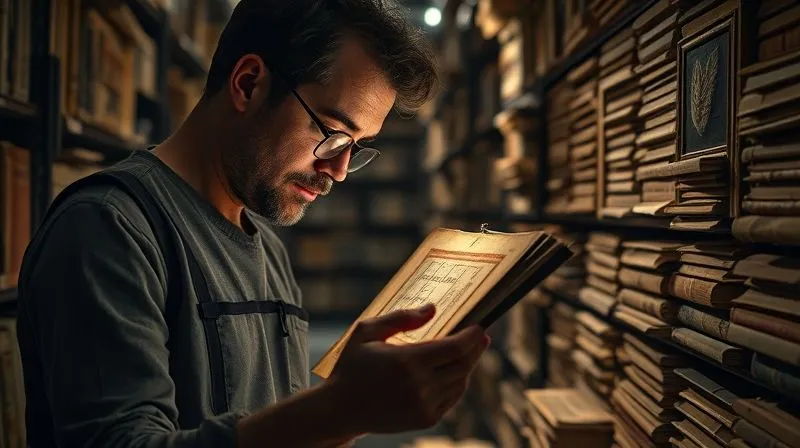 A photorealistic image of a costume designer meticulously examining an ancient, faded textile swatch under a magnifying glass in a dimly lit museum archive, surrounded by rows of aged books and fabric samples, cinematic lighting, sharp focus on the fabric, depth of field, 8K, shot on a high-end DSLR.