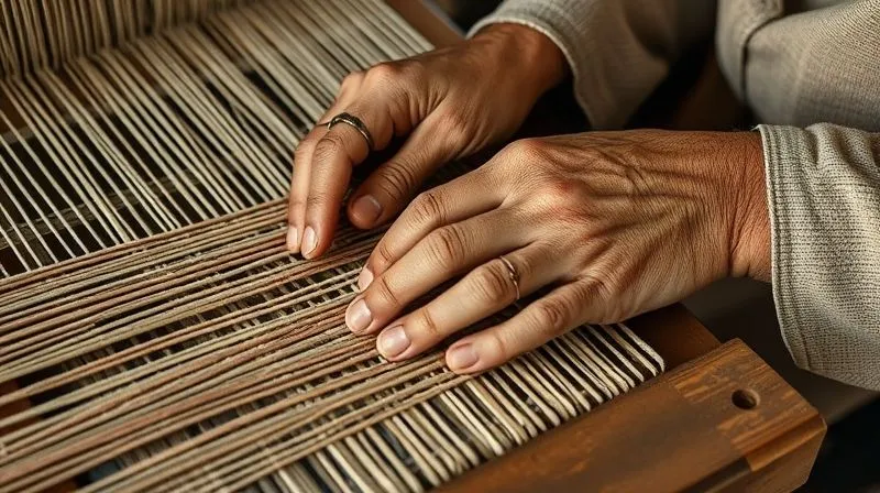 A photorealistic image of a skilled artisan's hands, weathered and strong, carefully weaving intricate patterns on an antique wooden loom, with strands of iridescent, naturally dyed yarn. The lighting is warm and cinematic, highlighting the texture of the fabric and the artisan's focused expression, sharp focus, depth of field, 8K, shot on a high-end DSLR.