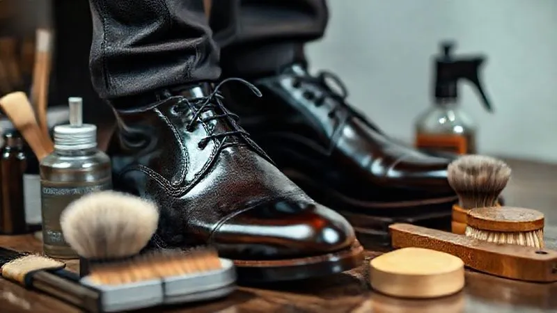 A photorealistic close-up of a pair of highly polished, dark leather dress boots, glistening under soft studio lighting, with a collection of high-quality shoe brushes, waxes, and conditioners neatly arranged around them. Sharp focus on the boots, depth of field blurring the background, 8K hyper-detailed.