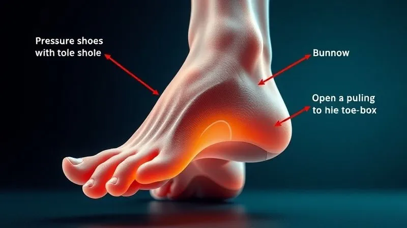 A photorealistic cross-section of a human foot inside a shoe, highlighting the big toe joint with a visible bunion. Arrows show pressure points from a narrow shoe compressing the bunion, contrasting with open space in a wide toe box design. 8K, professional medical illustration style, cinematic lighting, sharp focus on the foot anatomy and shoe interaction, depth of field.