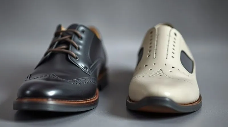 A photorealistic side-by-side comparison of two work shoes. On the left, a standard dress shoe with a narrow, pointed toe box. On the right, an ergonomic work shoe with a visibly wider, anatomical toe box and a subtle arch support insert. Both are professional and appear durable. 8K, professional photography, studio lighting, sharp focus on the toe box differences, depth of field.